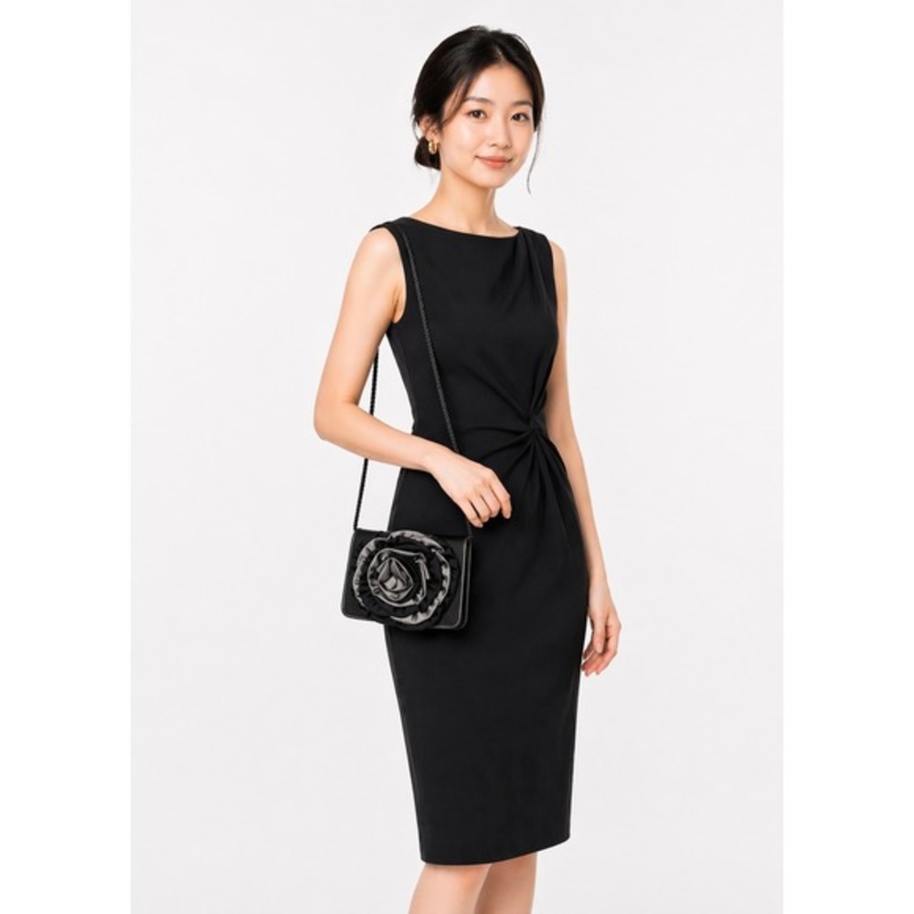 Jessica McClintock Black Silver Satin Rosette Evening Clutch Shoulder Bag 25-02